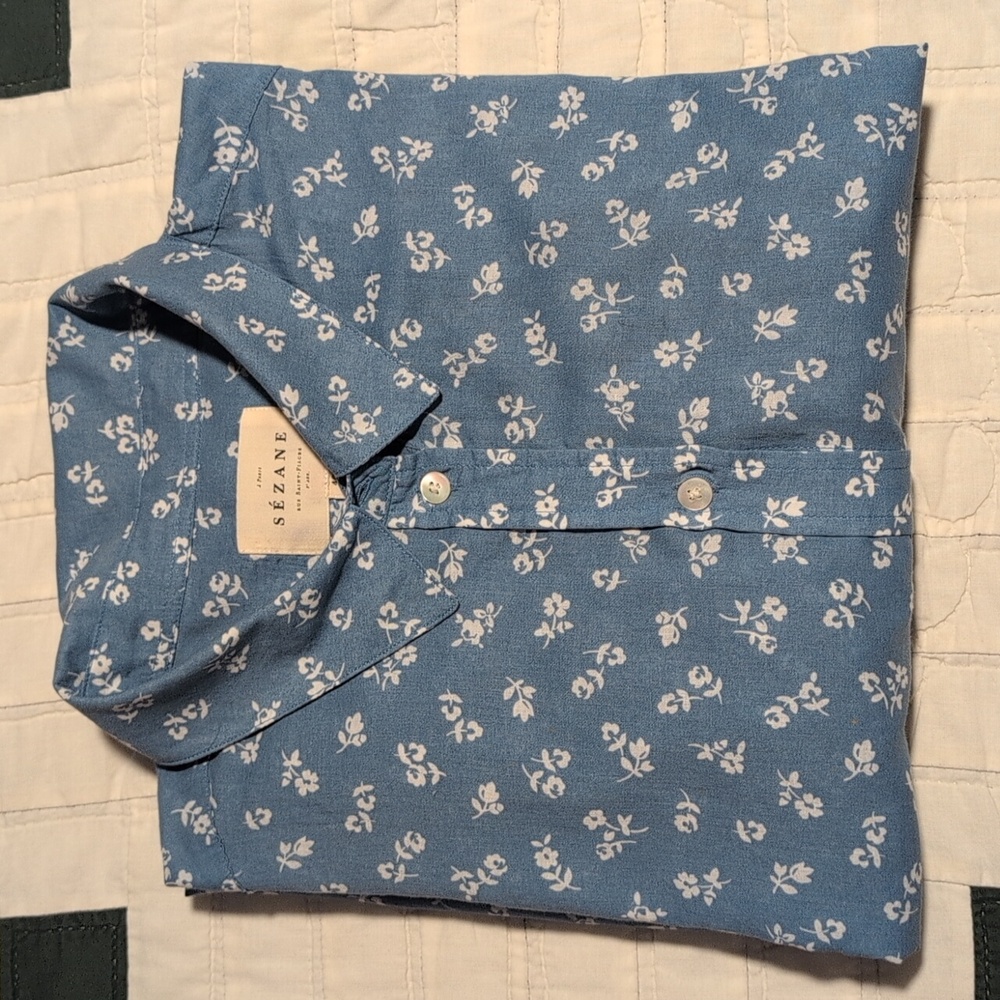 Sezane Ann Shirt Mini Fleurs Sur Fond Bleu - Size 40